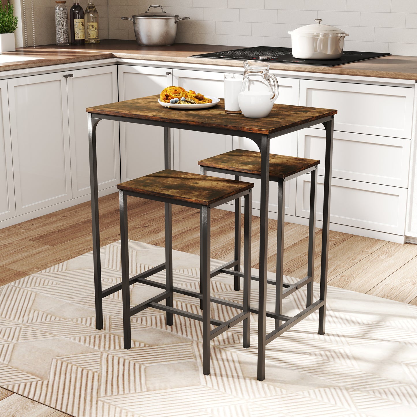 Nuevo Mesa de Bar con 2 Bancos Juego de 3 Mesas de Cocina con Metal Robusto Vintage FAIRMAN