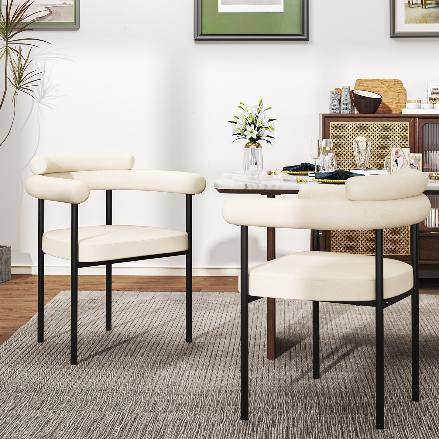 NUEVO Silla de Comedor Tapizadas Silla de Cocina con Respaldo Abierto y Brazos CAMILA Beige