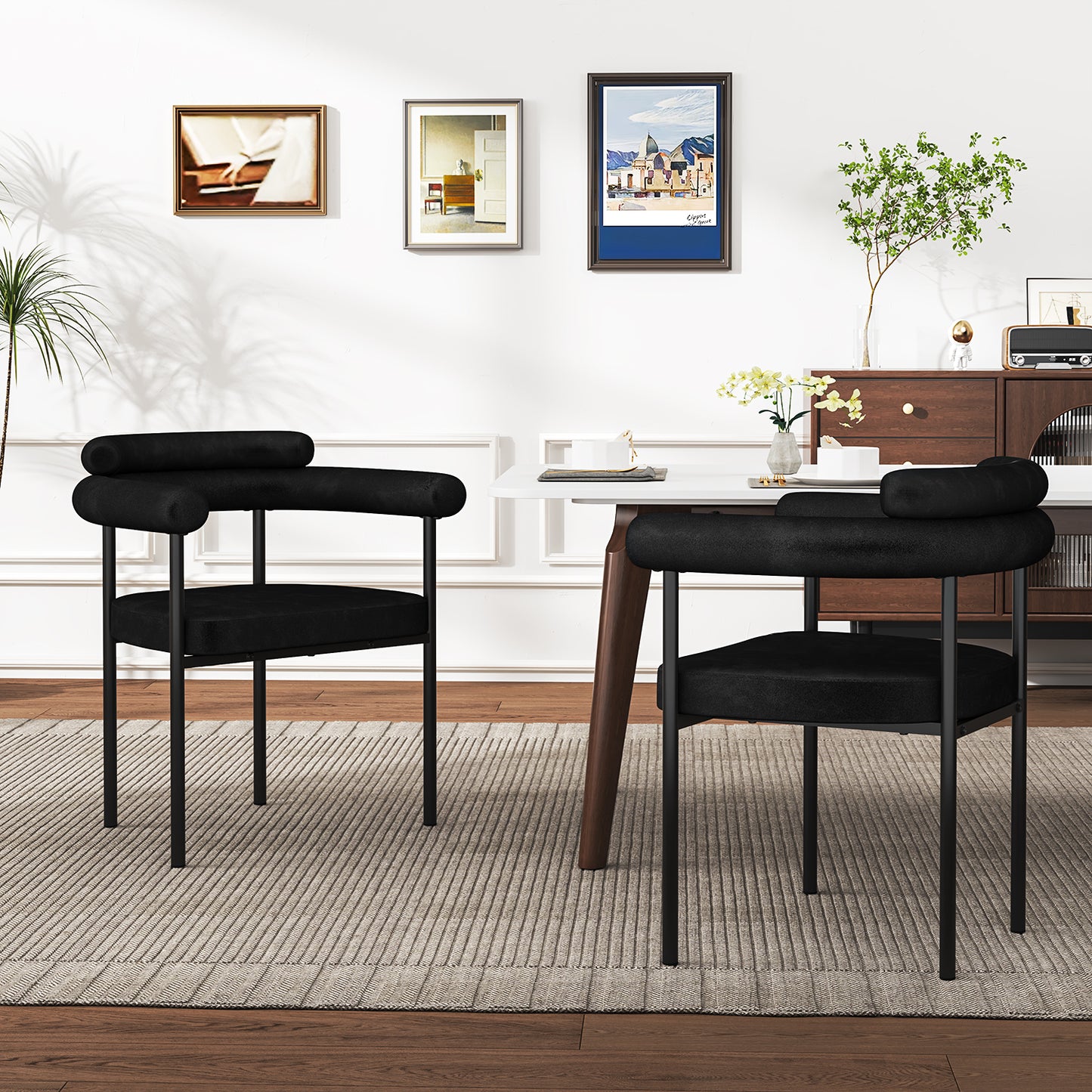 NUEVO Silla de Comedor Tapizadas Silla de Cocina con Respaldo Abierto y Brazos Camila Negro