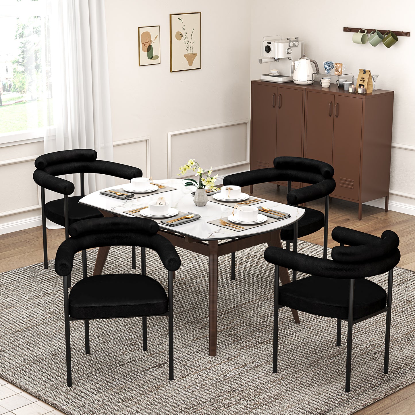 NUEVO Silla de Comedor Tapizadas Silla de Cocina con Respaldo Abierto y Brazos Camila Negro
