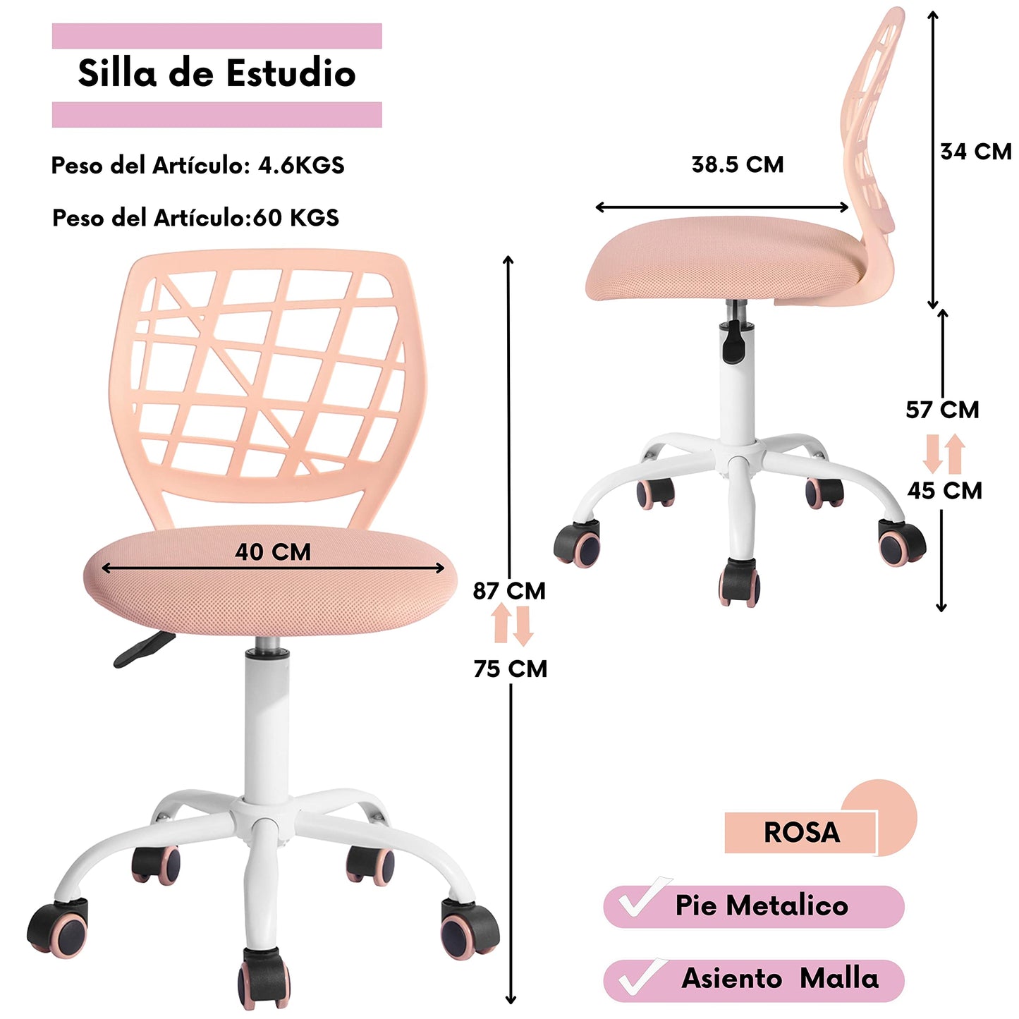 Silla Escritorio Carnation Rosa Con Tapizado De Mesh