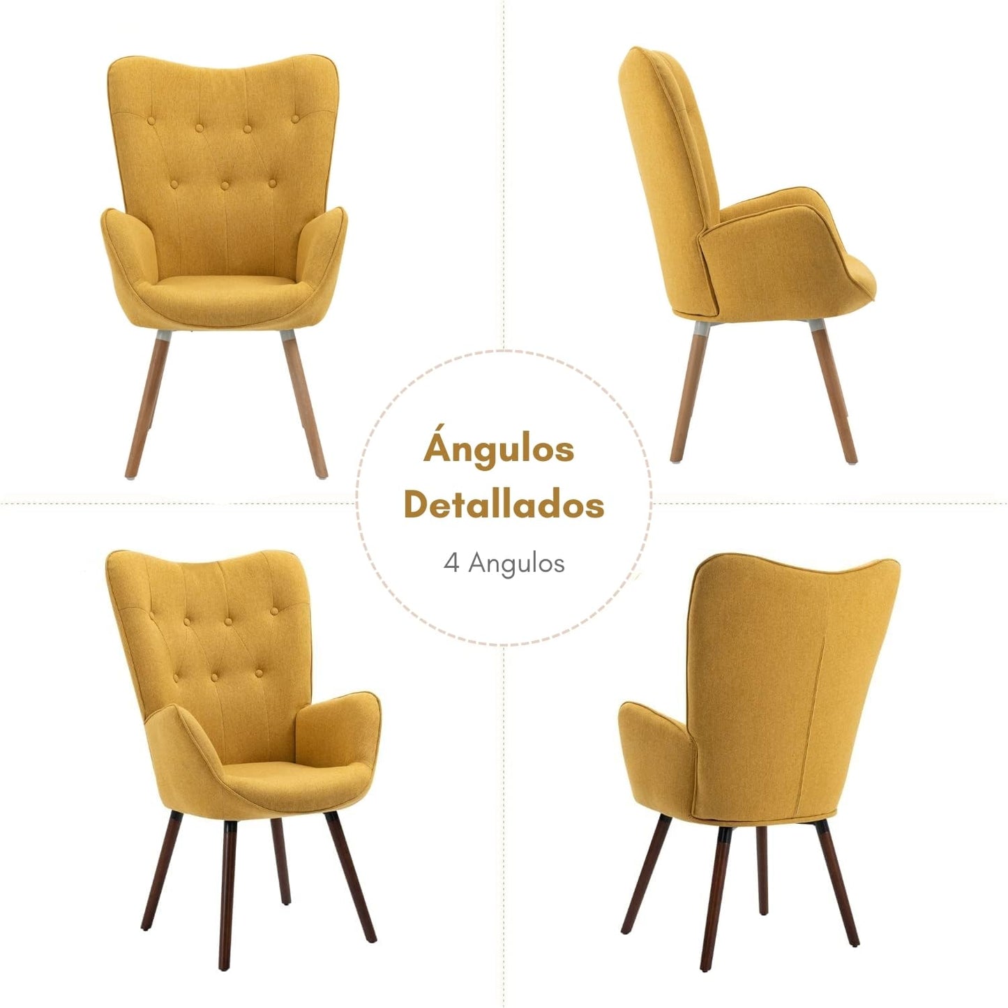 Silla Sillón Terciopelo Moderna Sofá Individual de Madera Amarilla