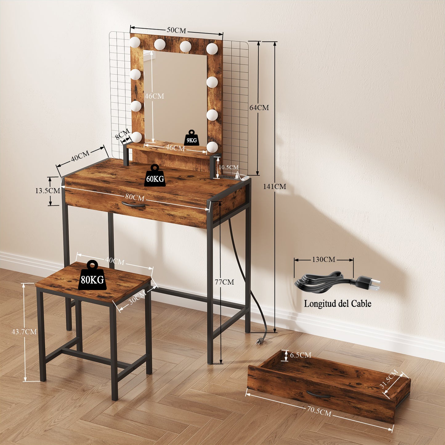 NUEVO Tocador de Maquillaje con Espejo LED y Taburete