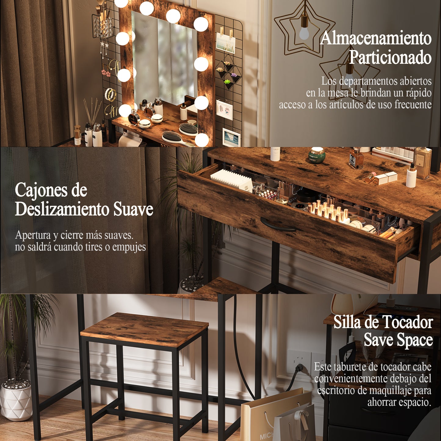 NUEVO Tocador de Maquillaje con Espejo LED y Taburete