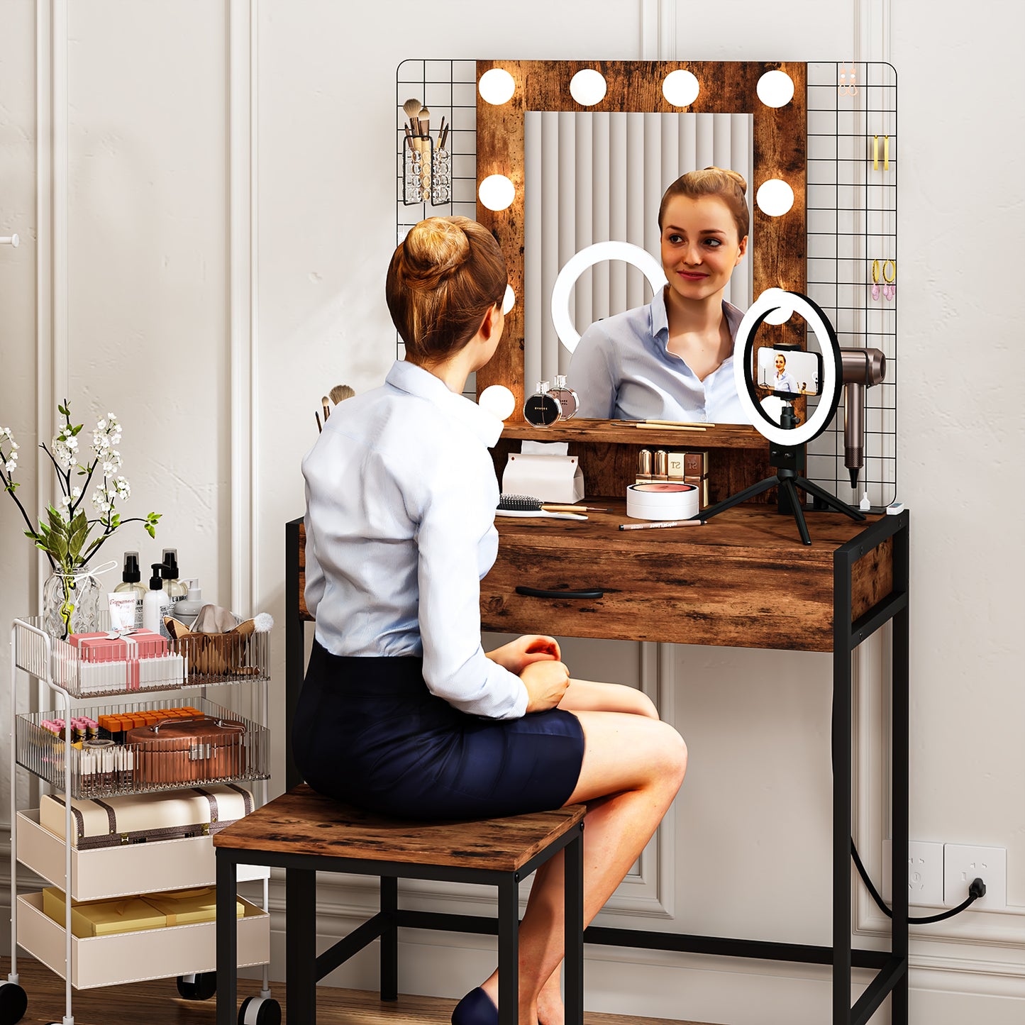 NUEVO Tocador de Maquillaje con Espejo LED y Taburete