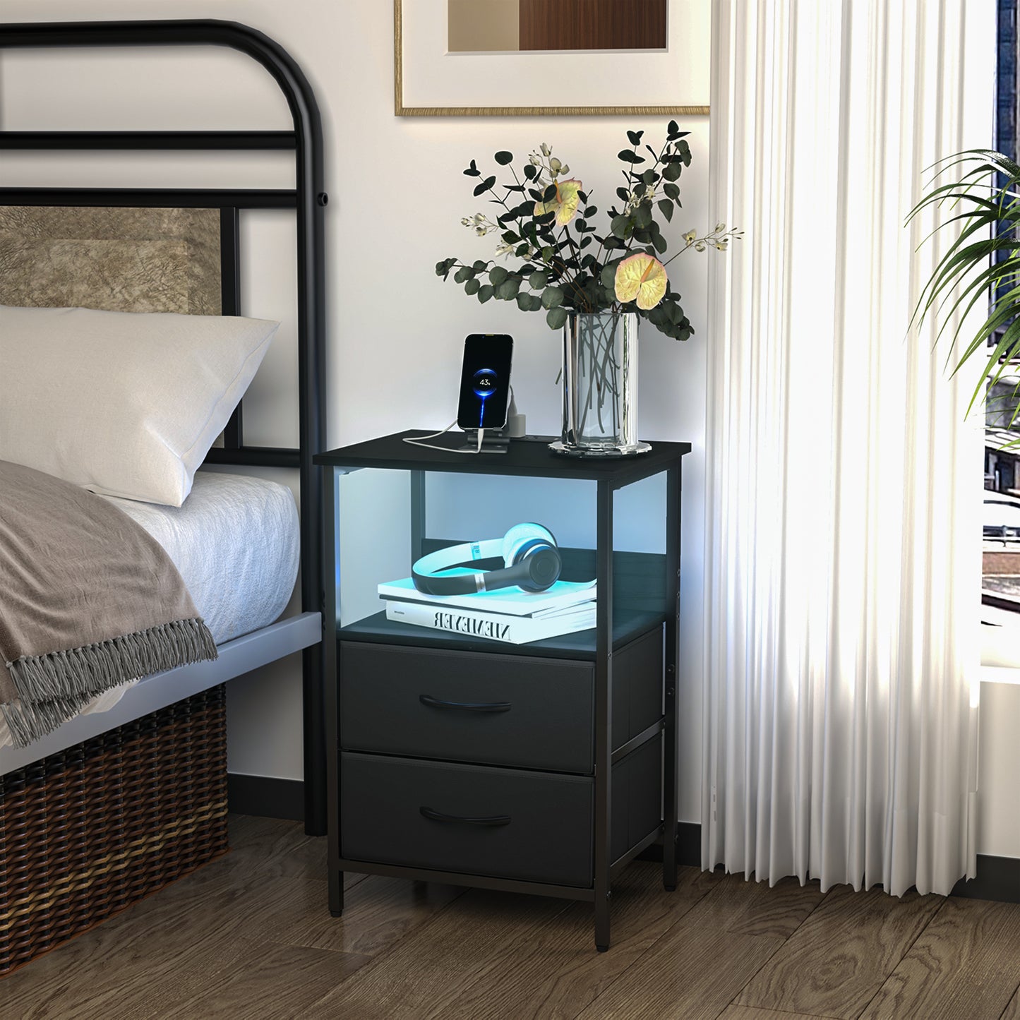 Mesitas de Noche con Luces LED y 2 Puertos USB Negro 2PCS