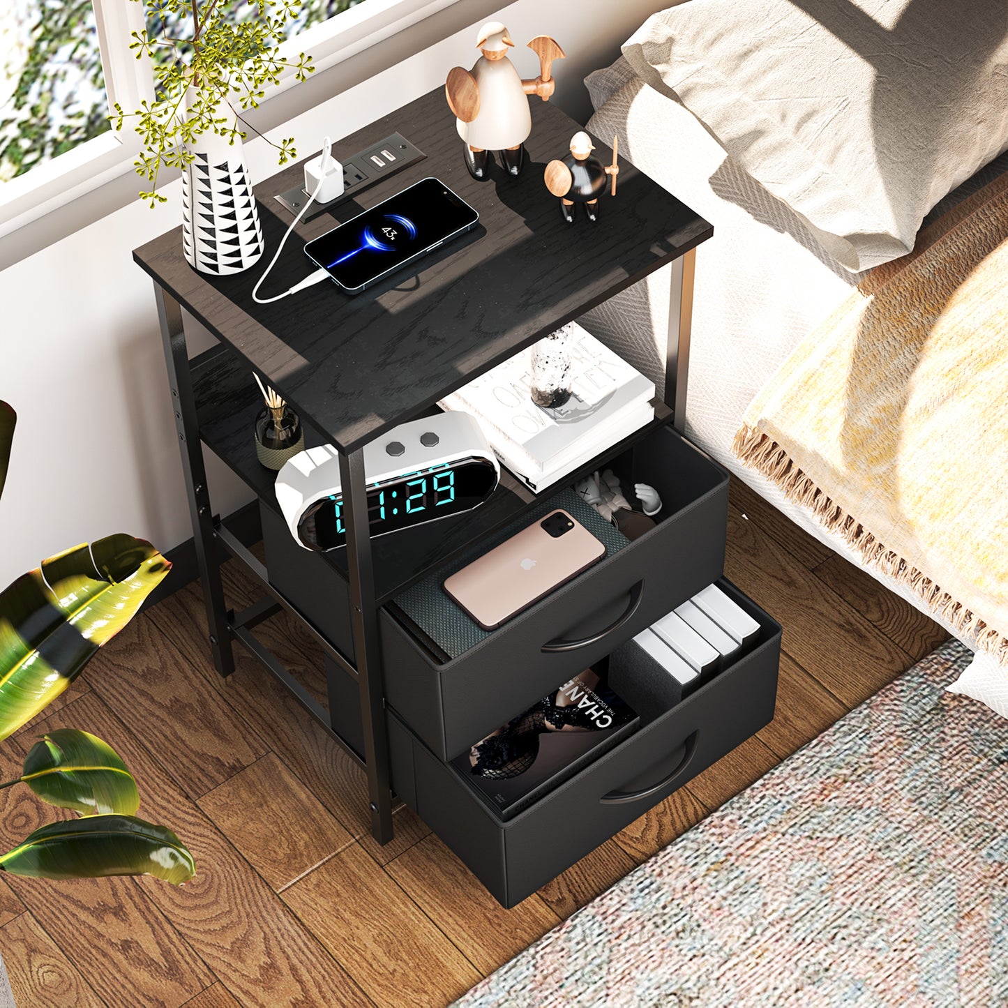 Mesitas de Noche con Luces LED y 2 Puertos USB Negro 2PCS