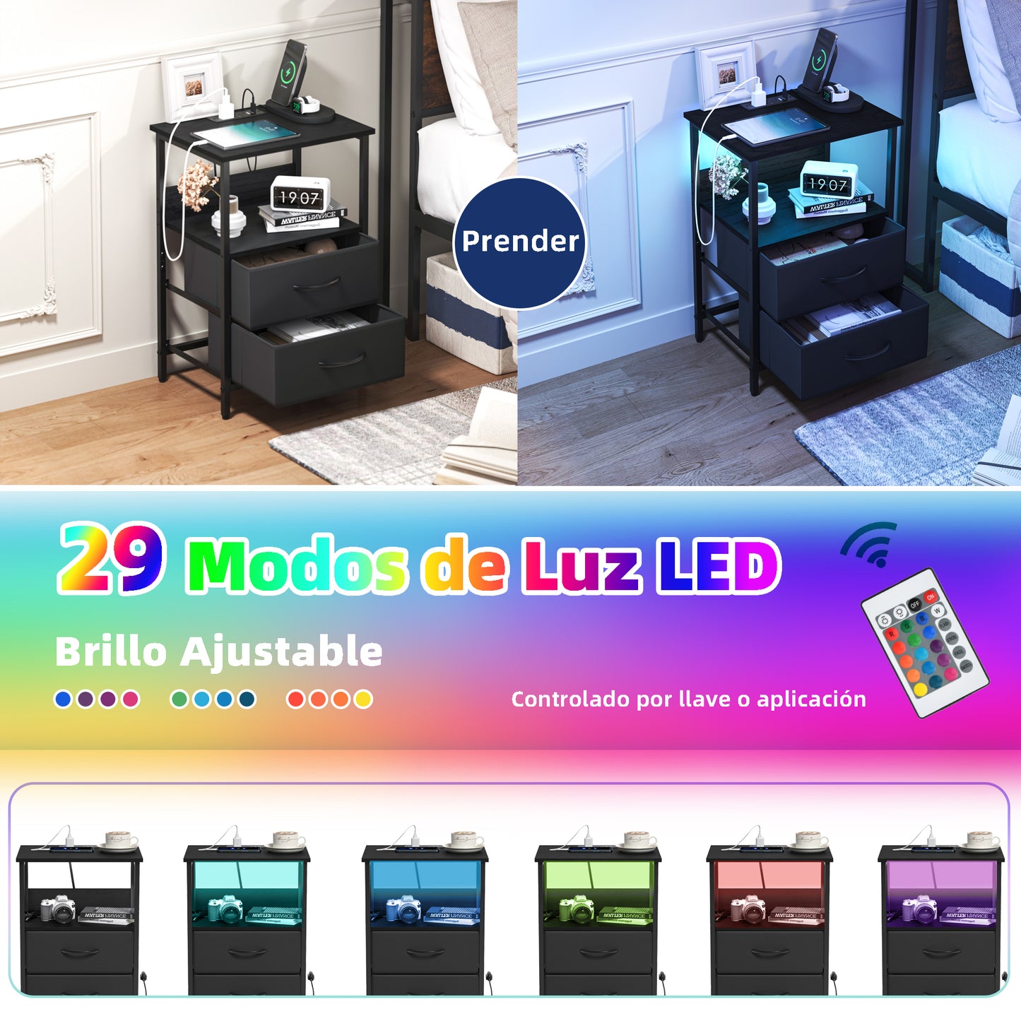 Mesitas de Noche con Luces LED y 2 Puertos USB Negro 2PCS