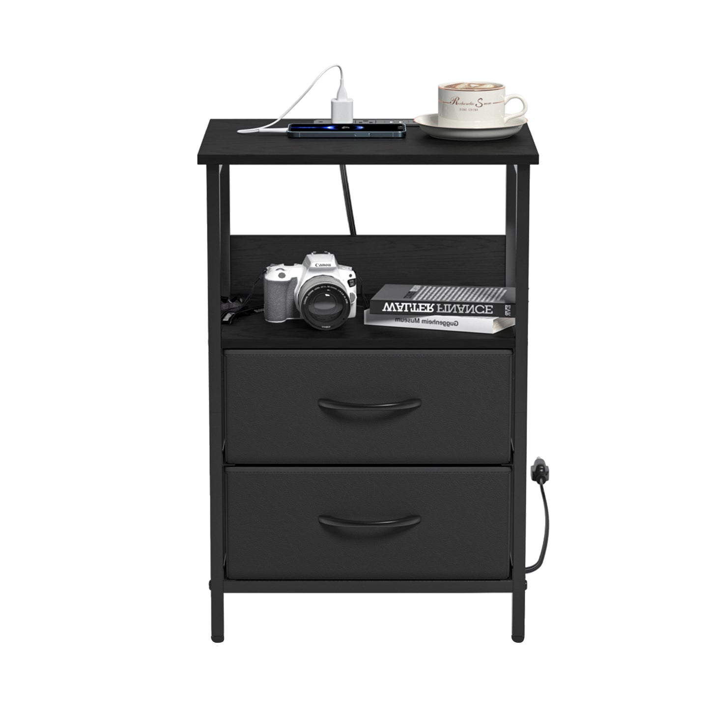 Mesitas de Noche con Luces LED y 2 Puertos USB Negro 2PCS