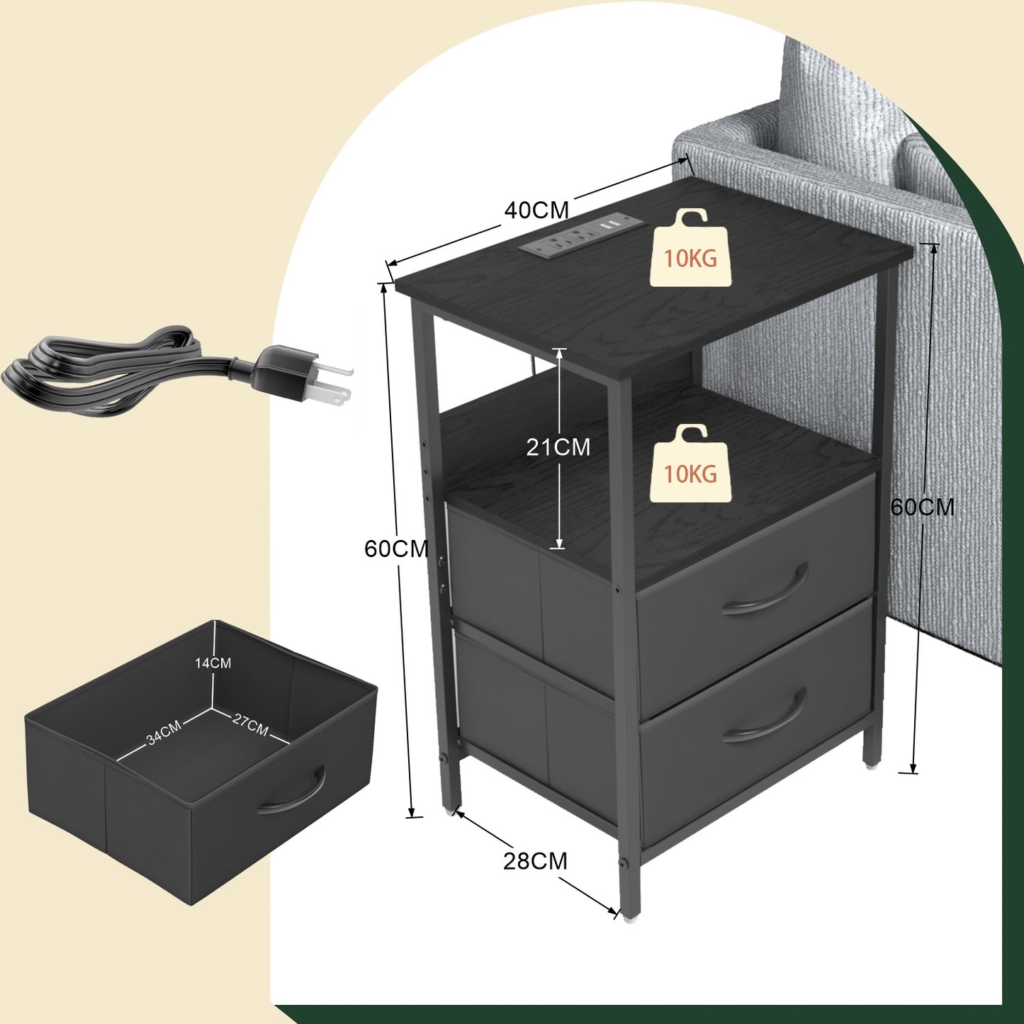 Mesitas de Noche con Luces LED y 2 Puertos USB Negro 2PCS