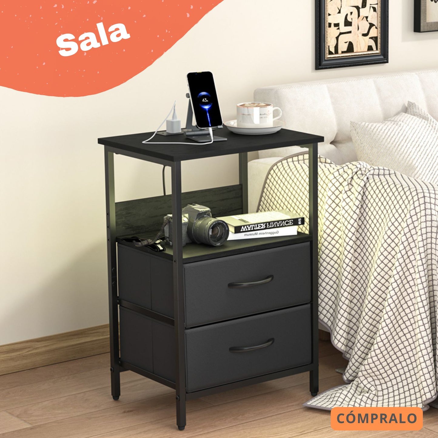 Mesitas de Noche con Luces LED y 2 Puertos USB Negro 1PC