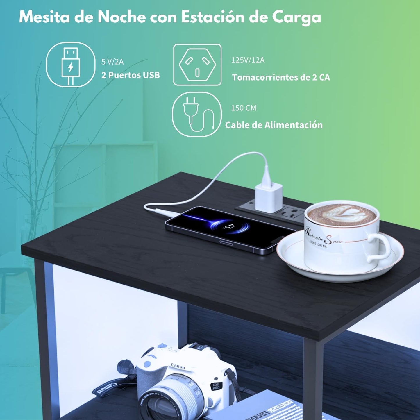 Mesitas de Noche con Luces LED y 2 Puertos USB Negro 2PCS