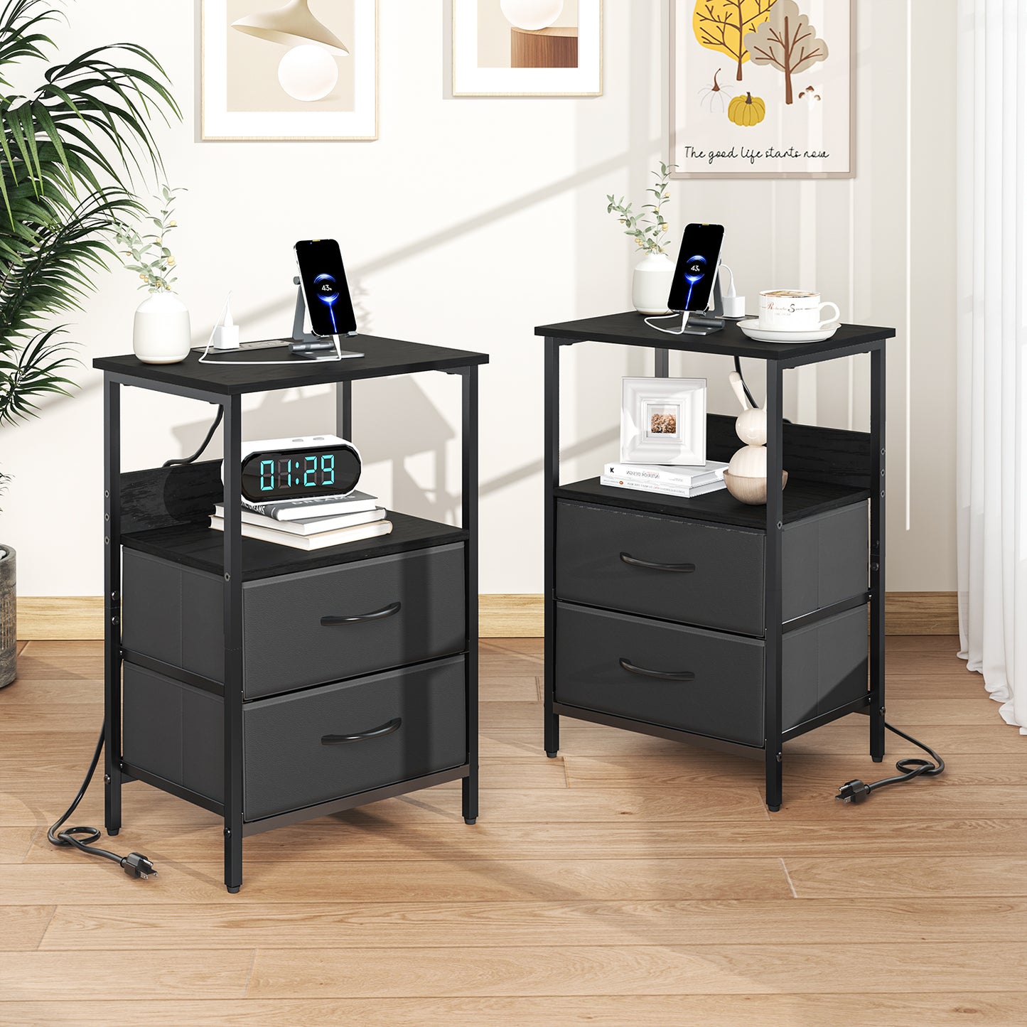 Mesitas de Noche con Luces LED y 2 Puertos USB Negro 2PCS