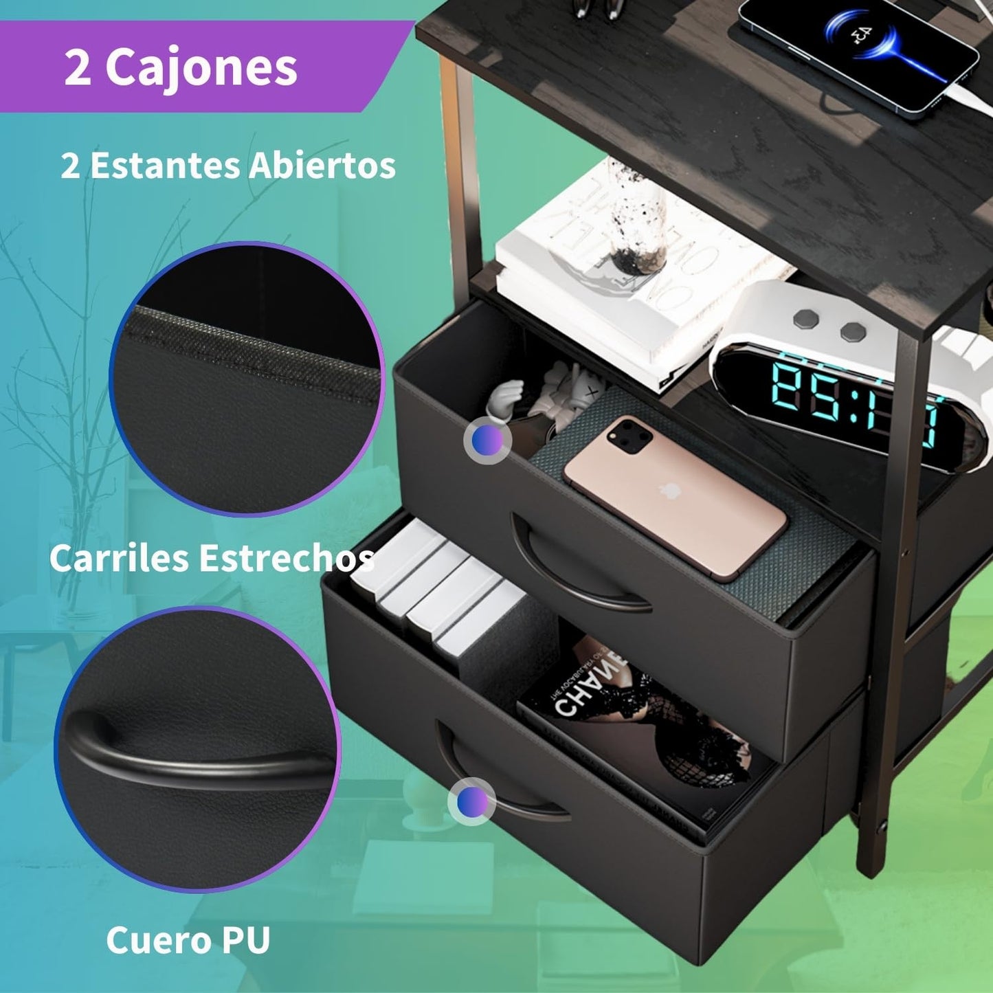 Mesitas de Noche con Luces LED y 2 Puertos USB Negro 2PCS