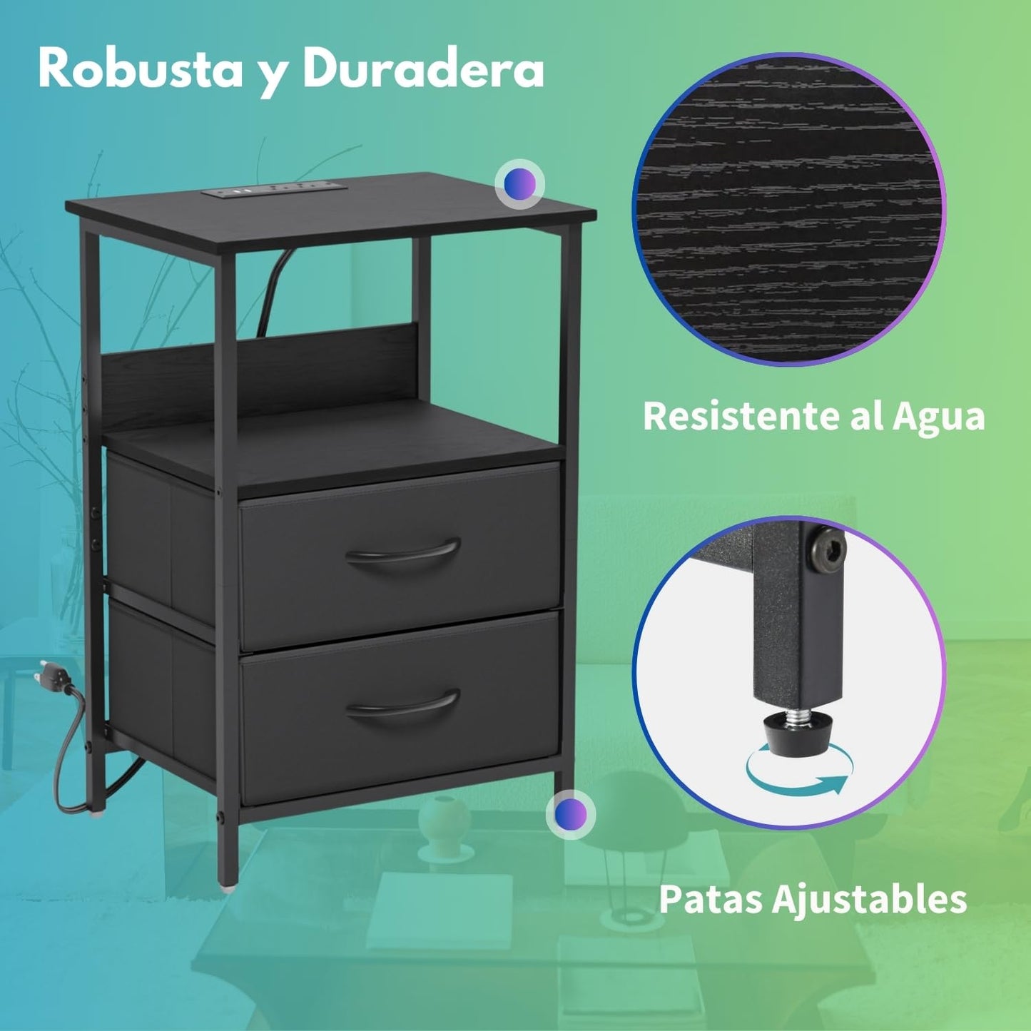 Mesitas de Noche con Luces LED y 2 Puertos USB Negro 2PCS