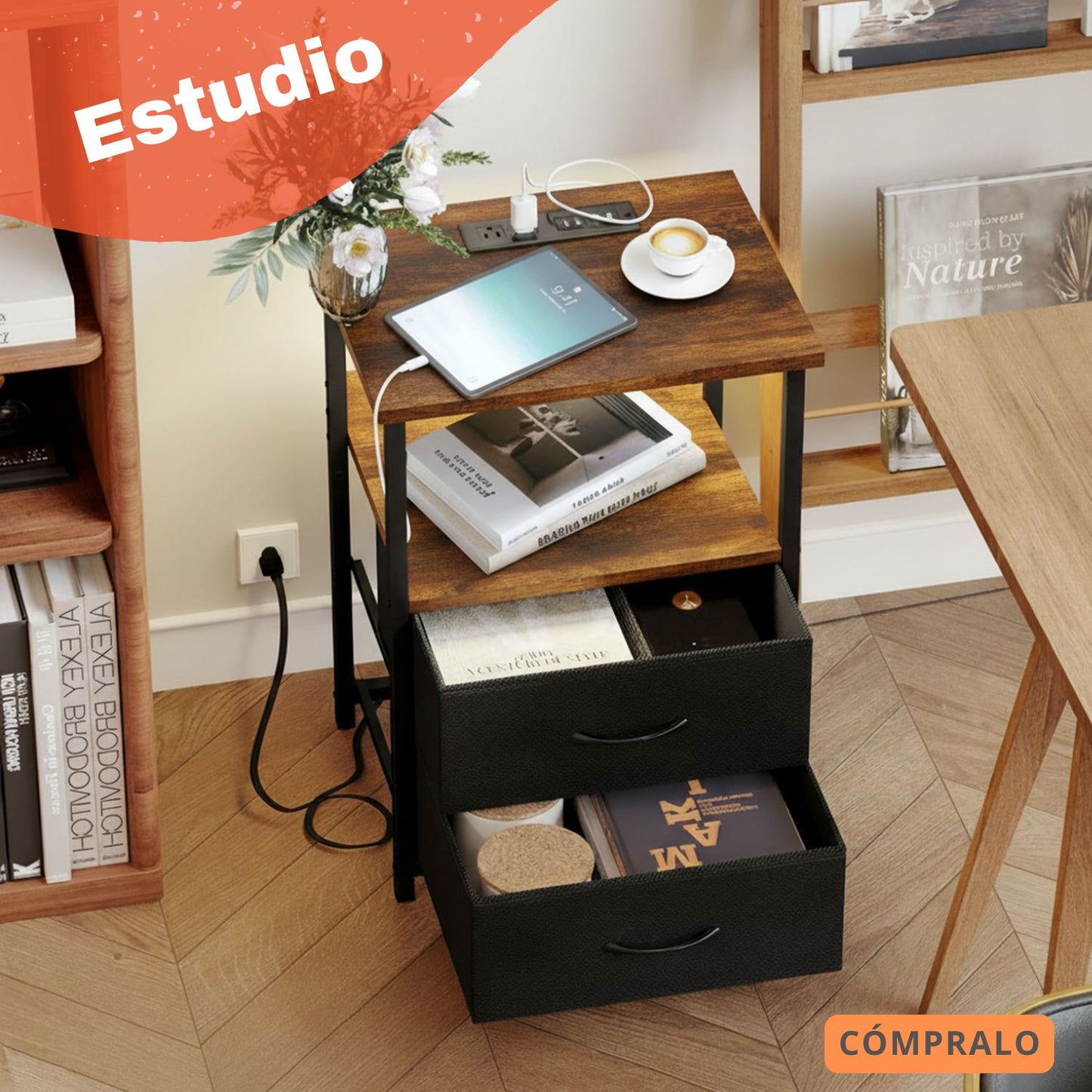 Mesitas de Noche con Luces LED y 2 Puertos USB Marron 1PC