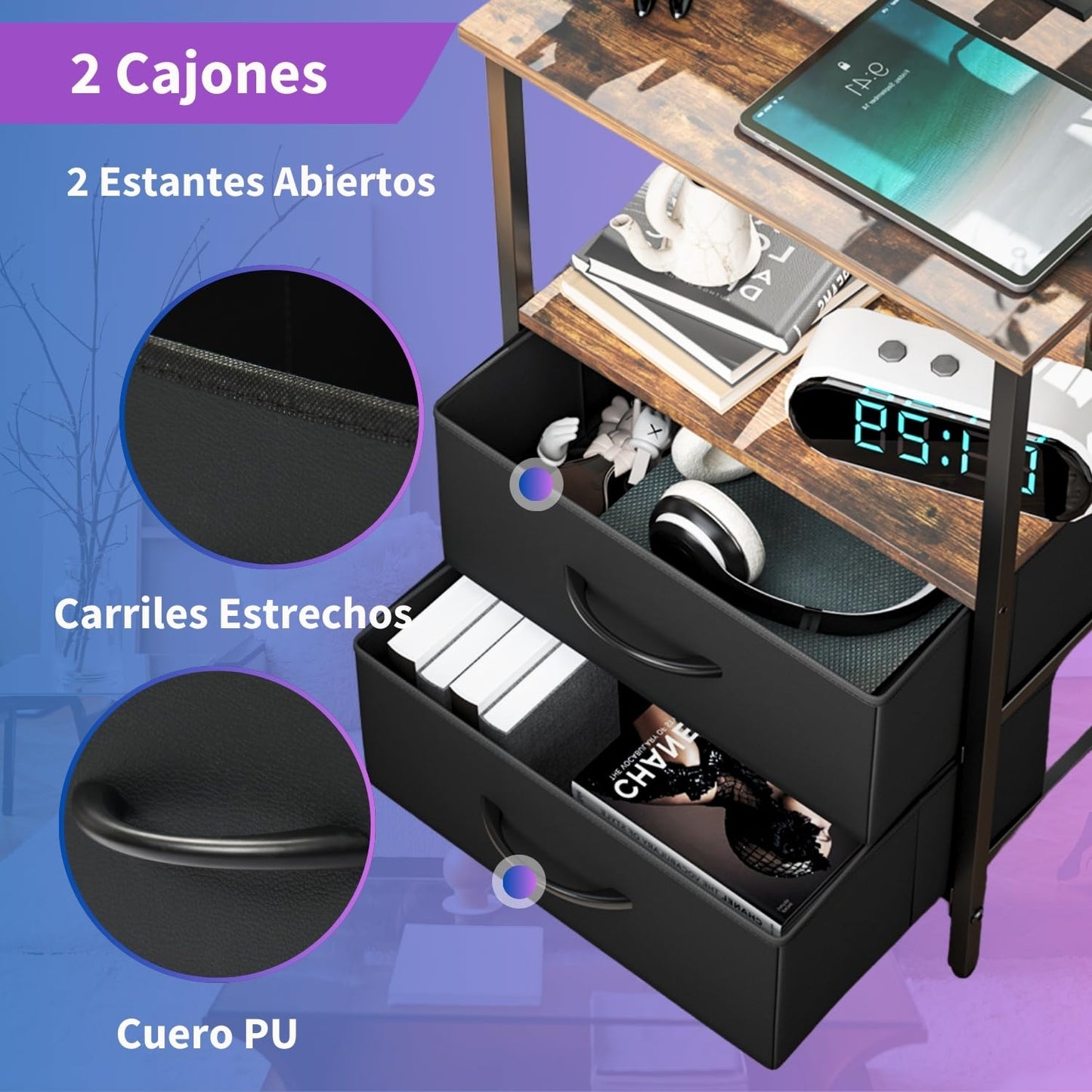 Mesitas de Noche con Luces LED y 2 Puertos USB Marron 2PCS