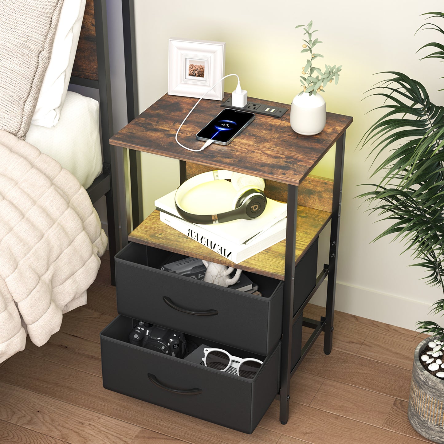 Mesitas de Noche con Luces LED y 2 Puertos USB Marron 1PC