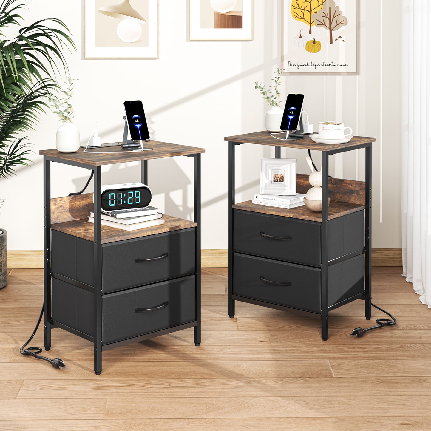 Mesitas de Noche con Luces LED y 2 Puertos USB Marron 2PCS