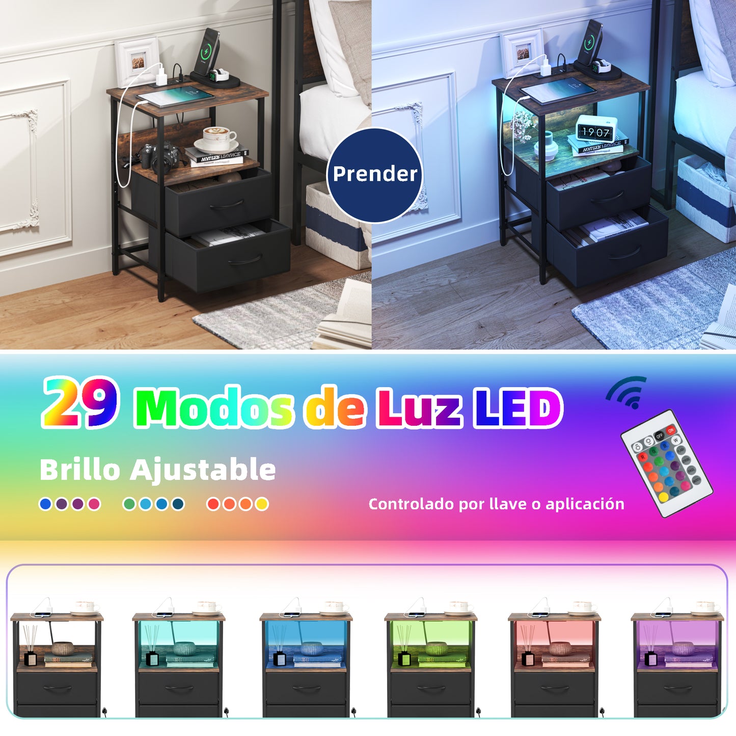 Mesitas de Noche con Luces LED y 2 Puertos USB Marron 2PCS