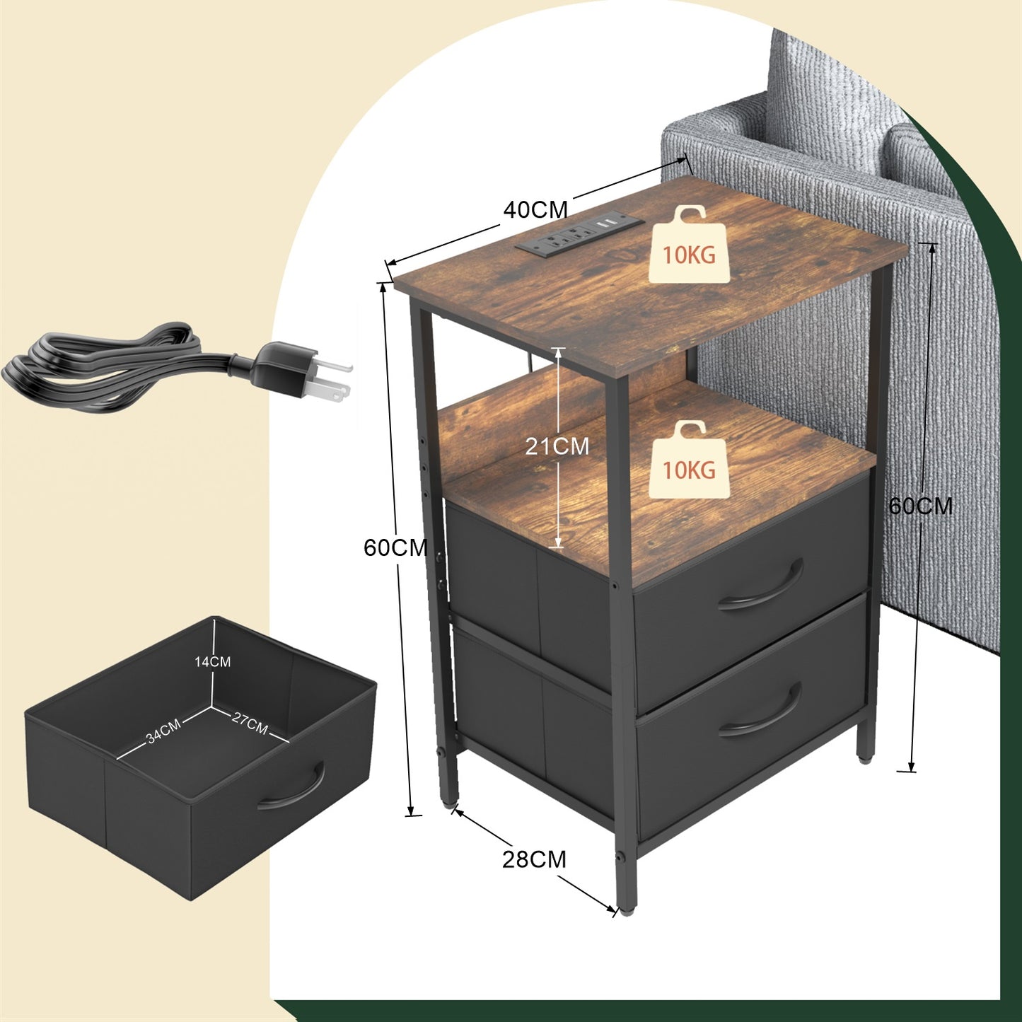 Mesitas de Noche con Luces LED y 2 Puertos USB Marron 2PCS