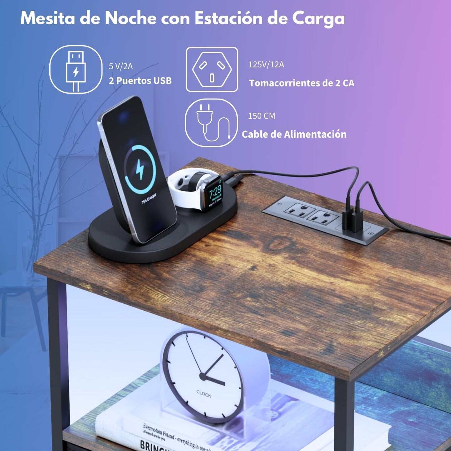 Mesitas de Noche con Luces LED y 2 Puertos USB Marron 2PCS