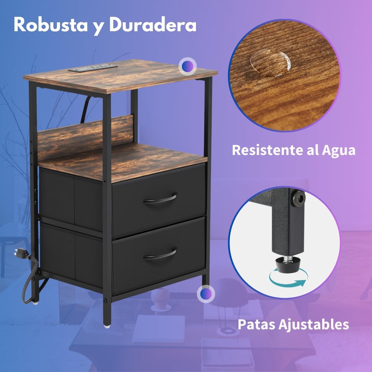 Mesitas de Noche con Luces LED y 2 Puertos USB Marron 2PCS