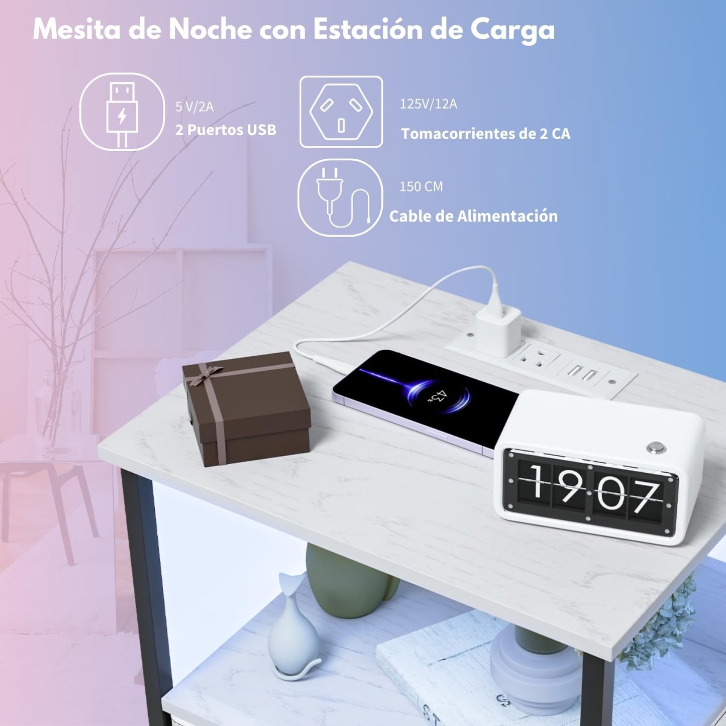 Mesitas de Noche con Luces LED y 2 Puertos USB Blanco 1PC