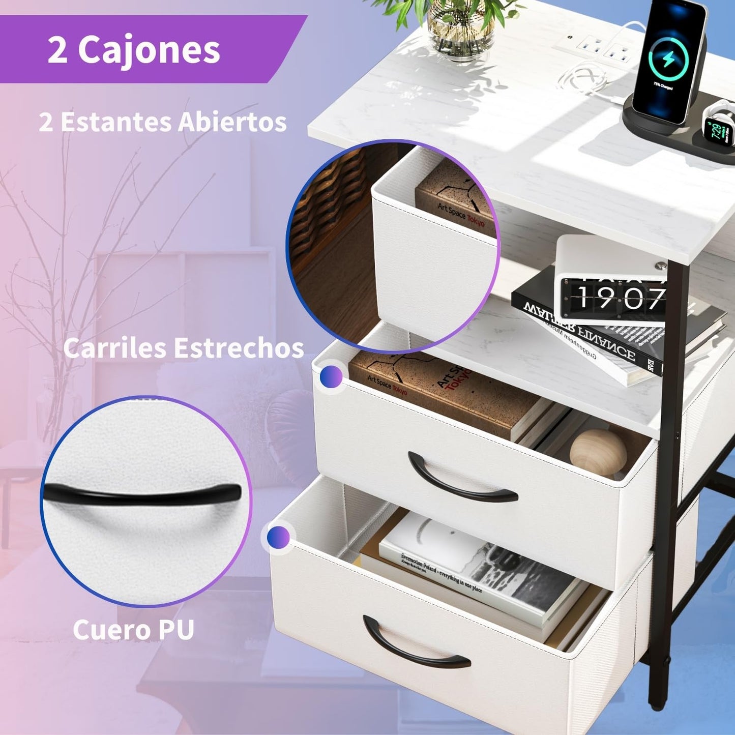 Mesitas de Noche con Luces LED y 2 Puertos USB Blanco 1PC