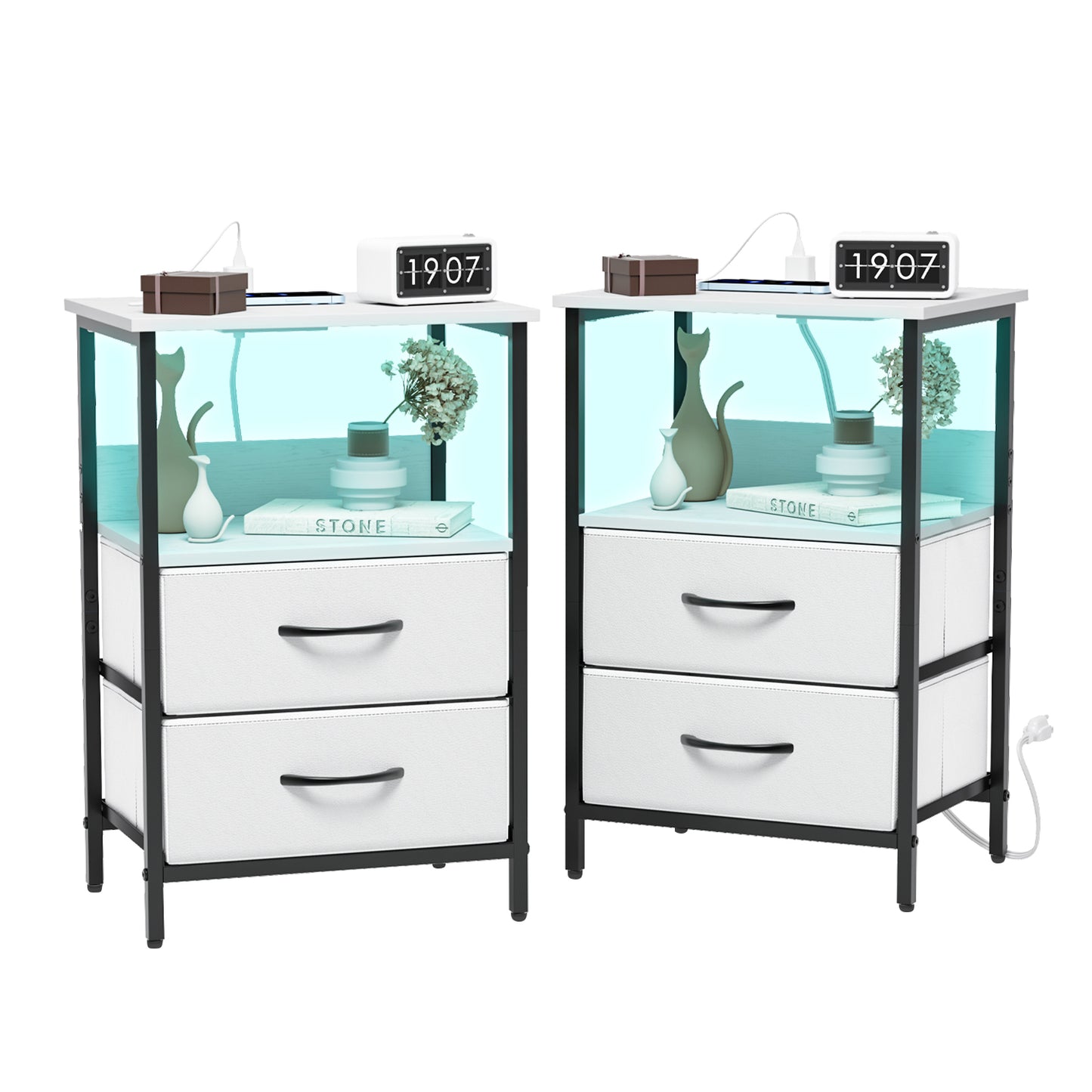 Mesitas de Noche con Luces LED y 2 Puertos USB Blanco 2PCS
