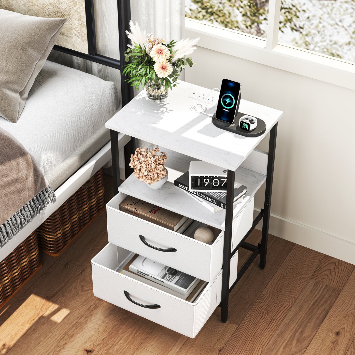Mesitas de Noche con Luces LED y 2 Puertos USB Blanco 1PC