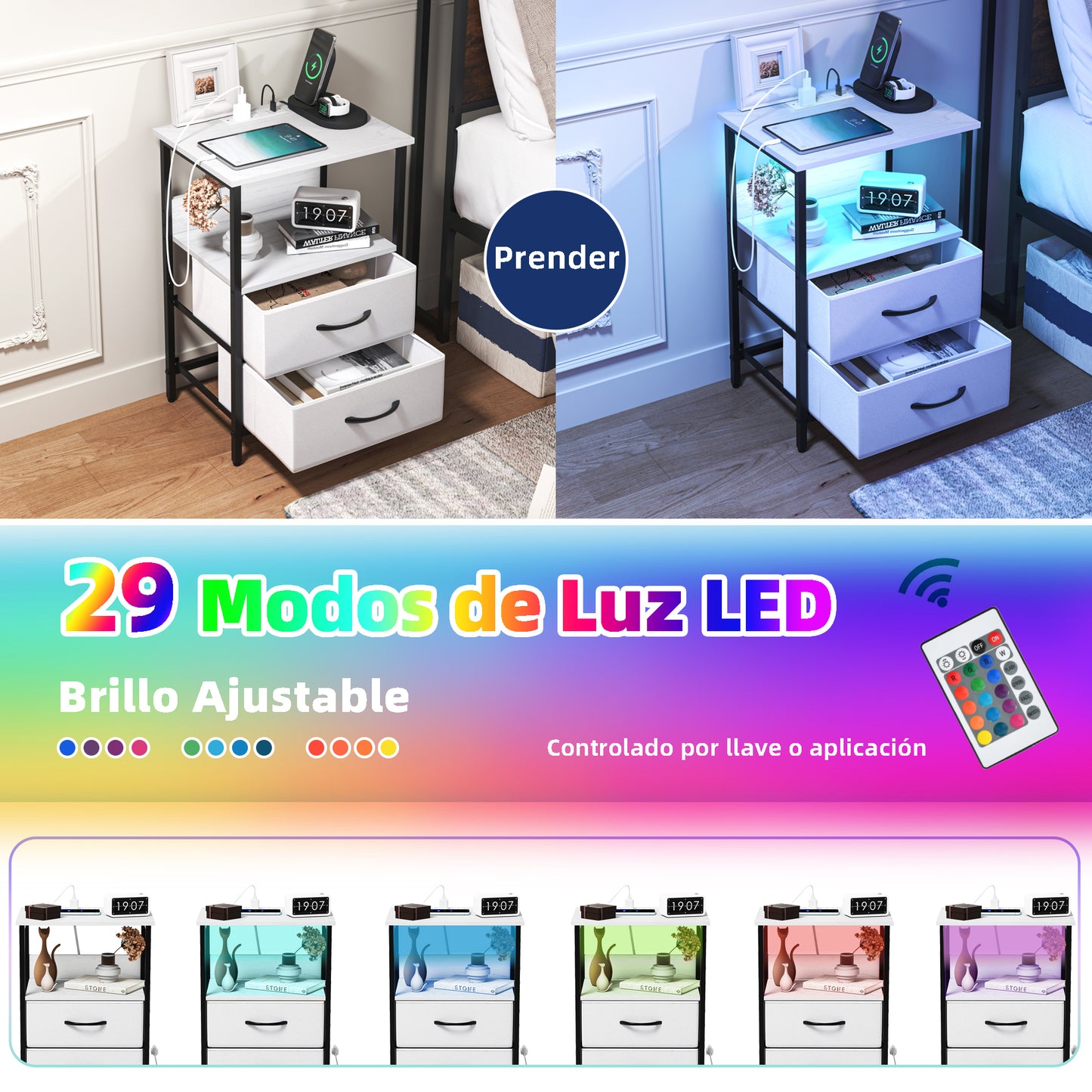 Mesitas de Noche con Luces LED y 2 Puertos USB Blanco 1PC