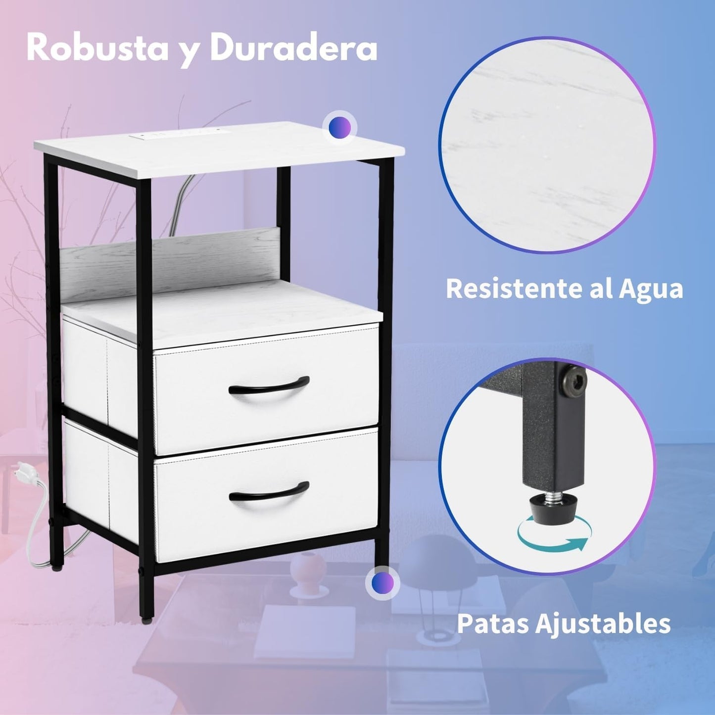 Mesitas de Noche con Luces LED y 2 Puertos USB Blanco 1PC