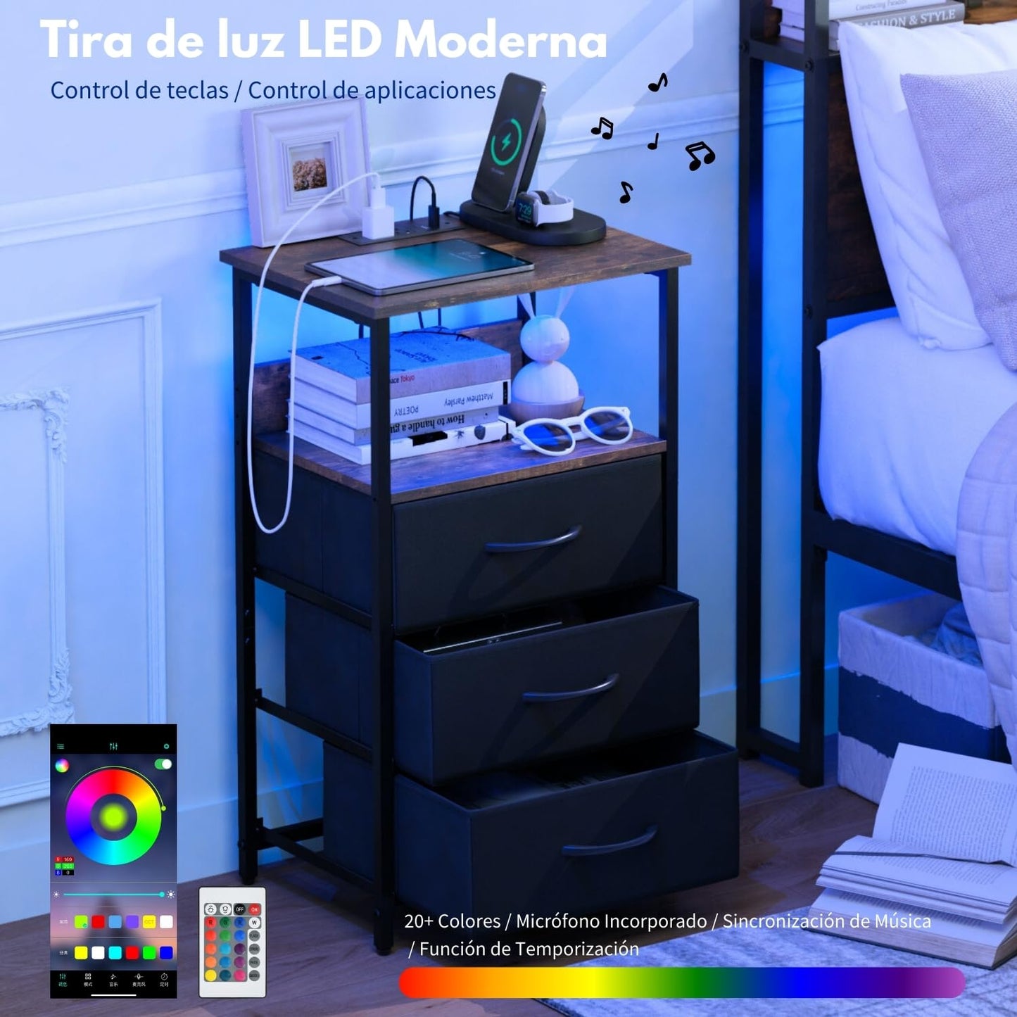 Mesitas de Noche con Luces LED con 3 Cajones Marrón y Negro 1PC