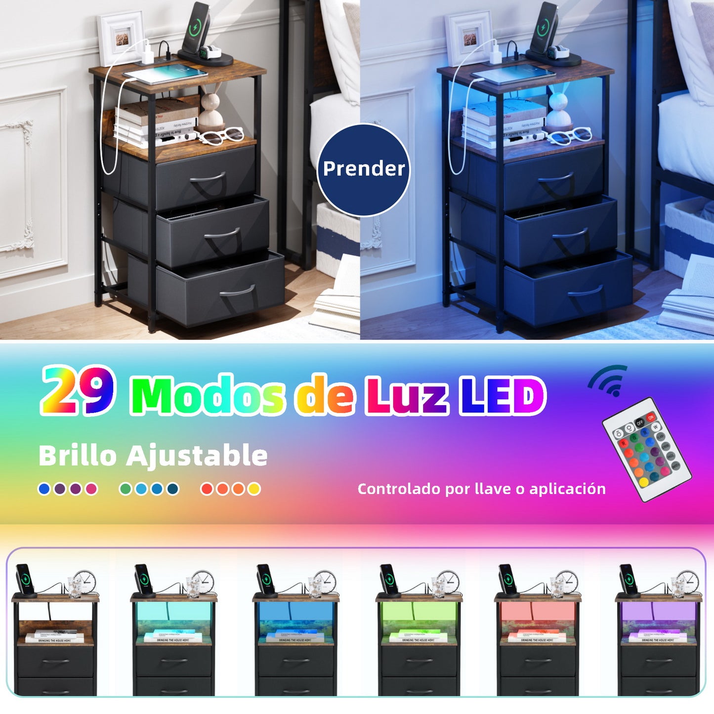 Mesitas de Noche con Luces LED con 3 Cajones Marrón y Negro 1PC