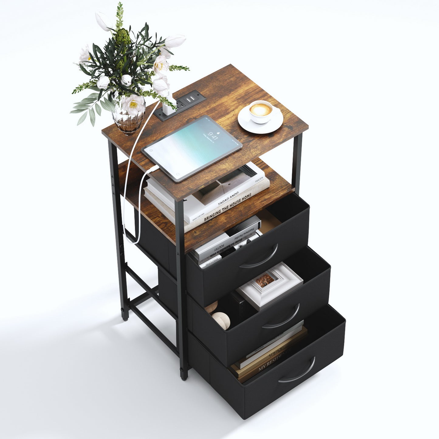 Mesitas de Noche con Luces LED con 3 Cajones Marrón y Negro 1PC