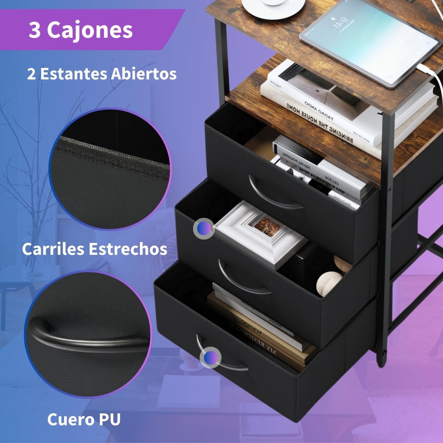 Mesitas de Noche con Luces LED con 3 Cajones Marrón y Negro 1PC