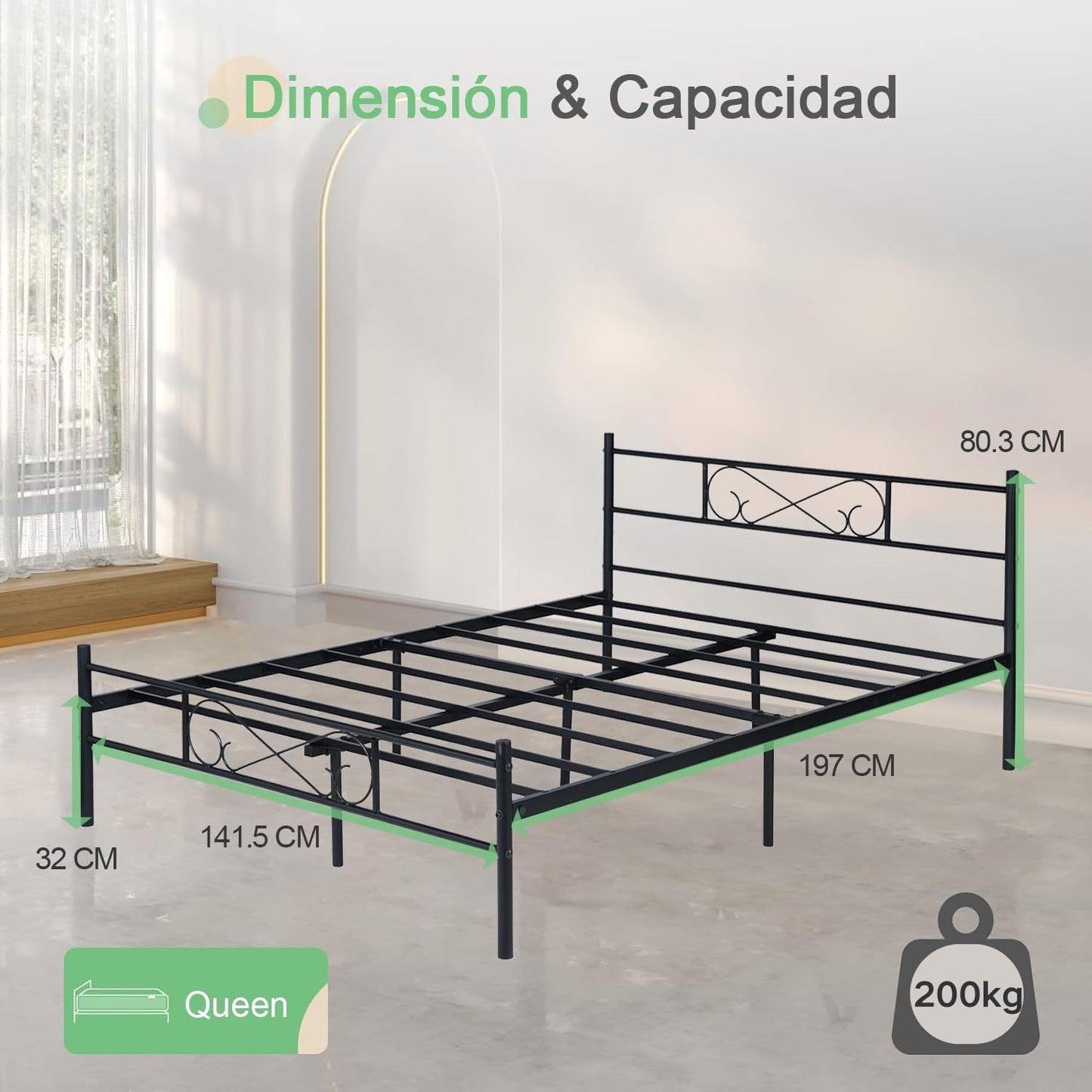 NUEVO Marco de Cama Queen Cama Matrimonial Base con Cabecero y Pie de Cama