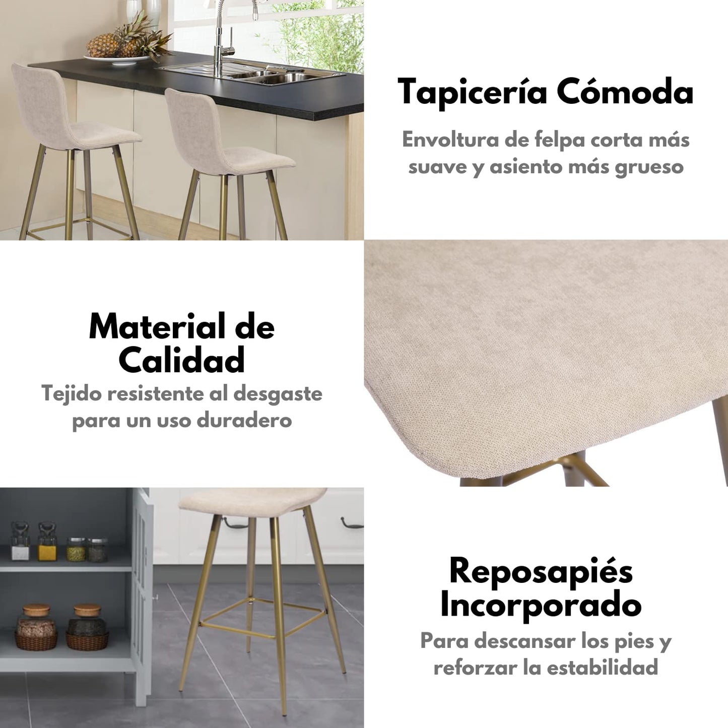 NUEVO Juego de 2 Taburetes de Bar con Respaldo de Terciopelo Beige Scargill