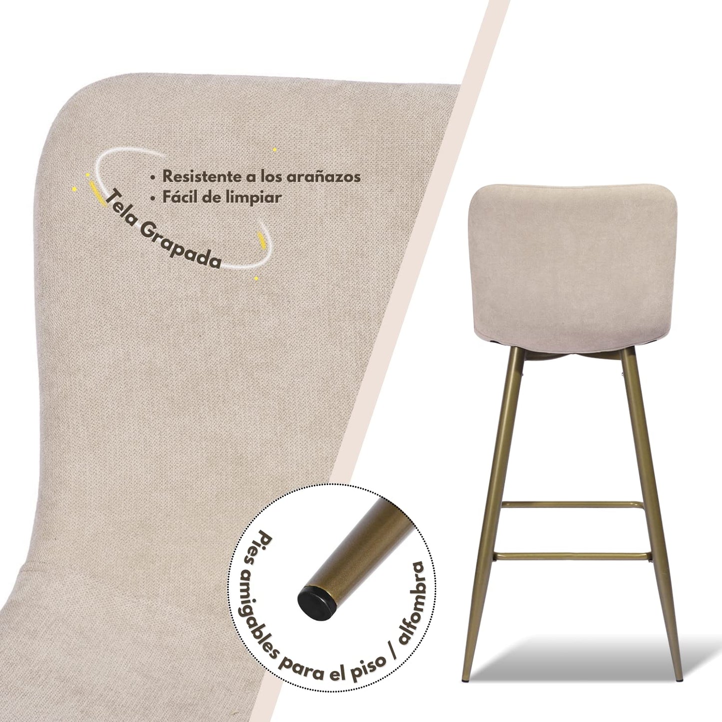 NUEVO Juego de 2 Taburetes de Bar con Respaldo de Terciopelo Beige Scargill