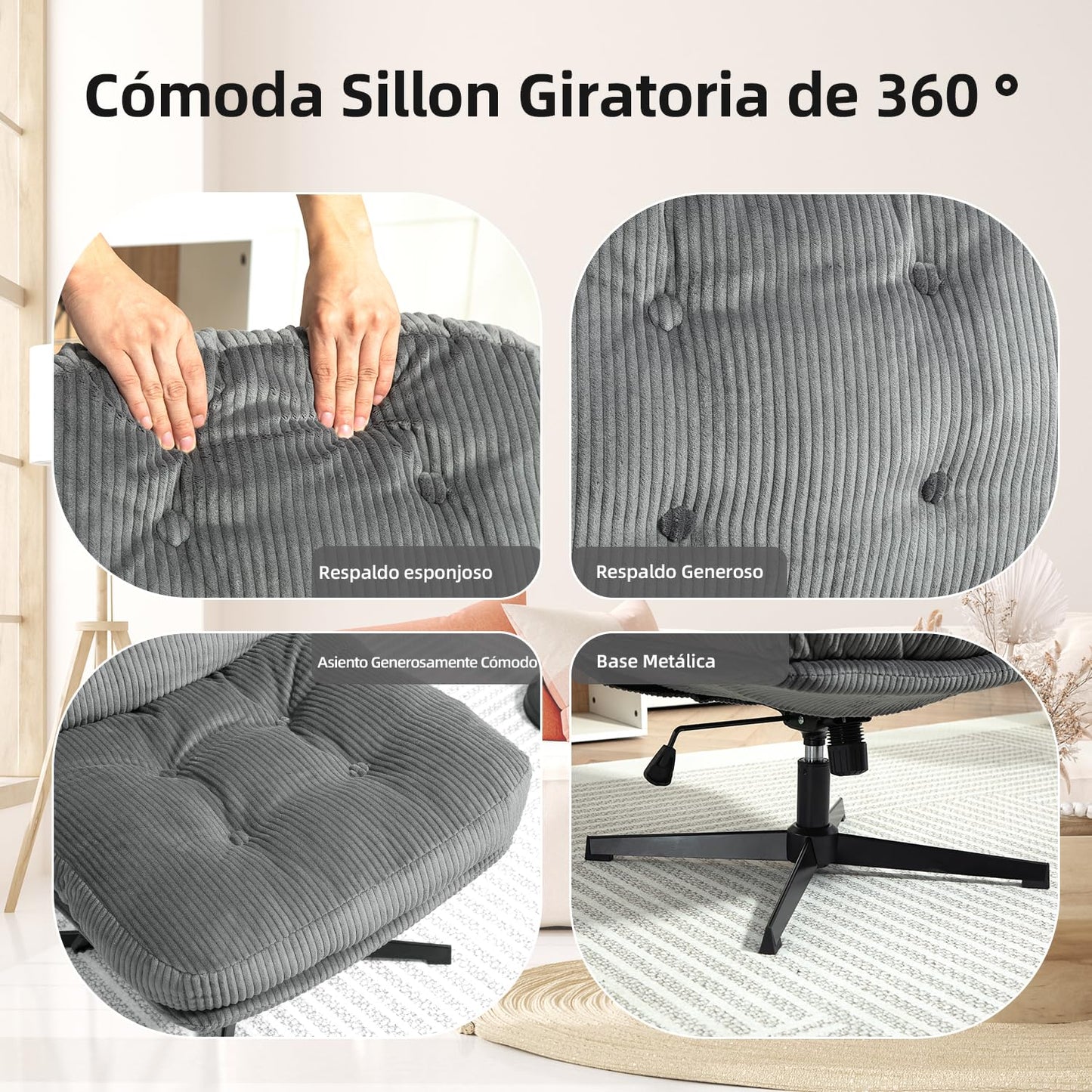 Sillón Individual Modern Silla Decorativa Altura Ajustable Sillón de TV con Giro de 360 Grados ALINXTON GRIS
