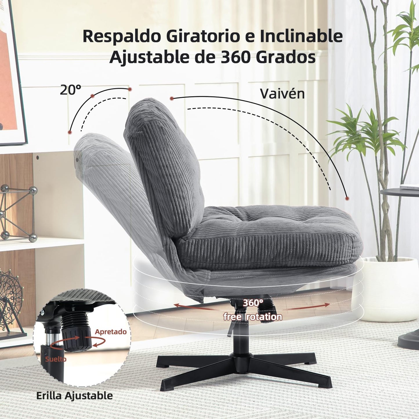 Sillón Individual Modern Silla Decorativa Altura Ajustable Sillón de TV con Giro de 360 Grados ALINXTON GRIS