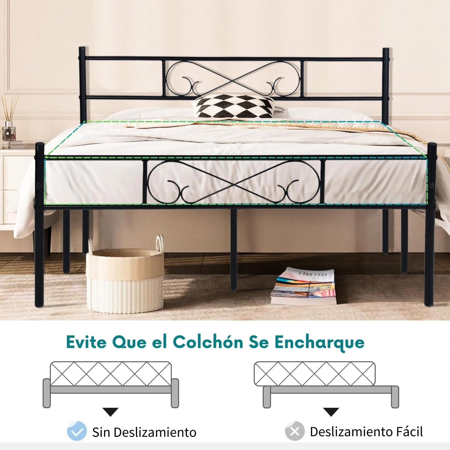 NUEVO Marco de Cama Queen Cama Matrimonial Base con Cabecero y Pie de Cama
