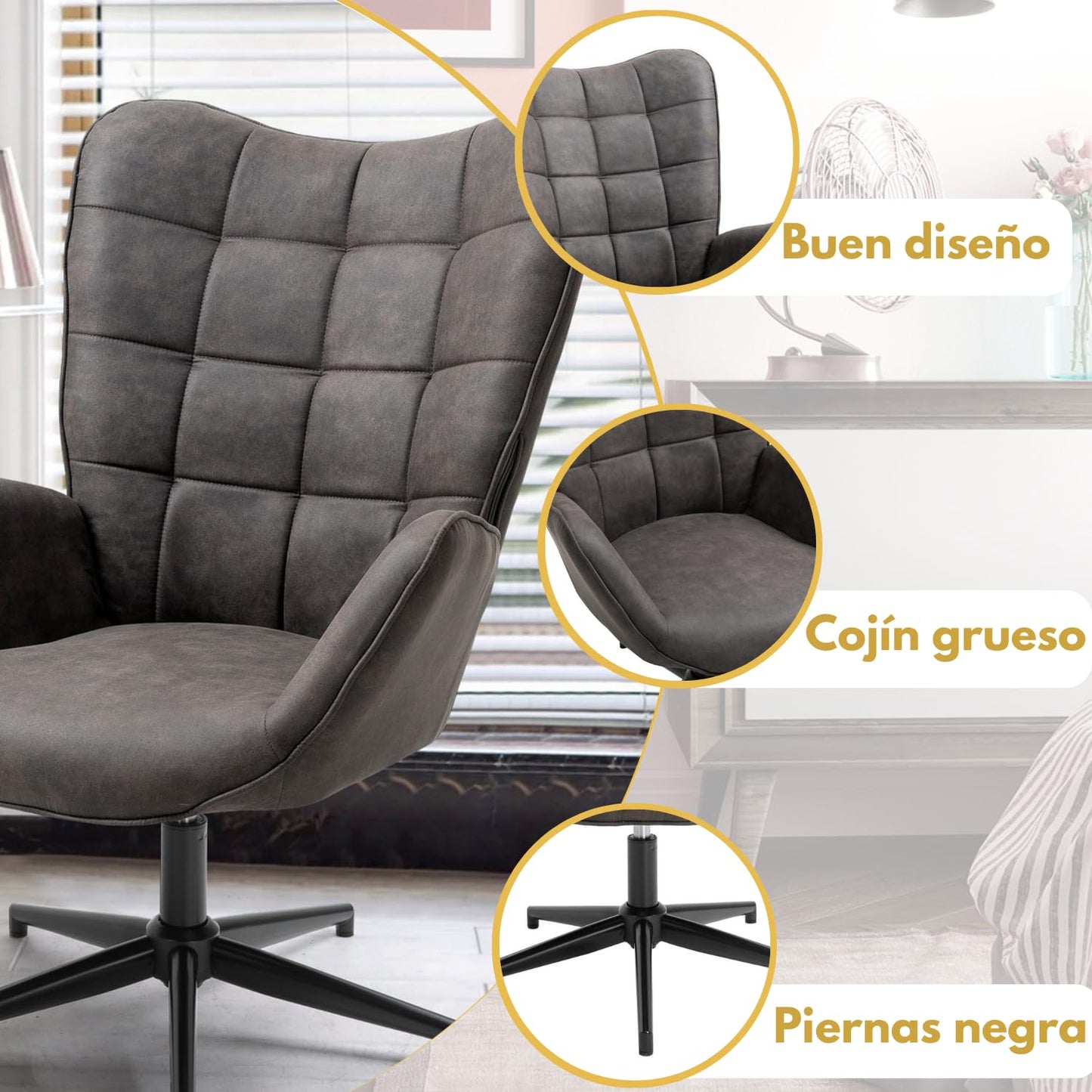 Silla Sillon Individual con Brazo Moderno Silla para Comedor Sala Oficina Negro IRIS