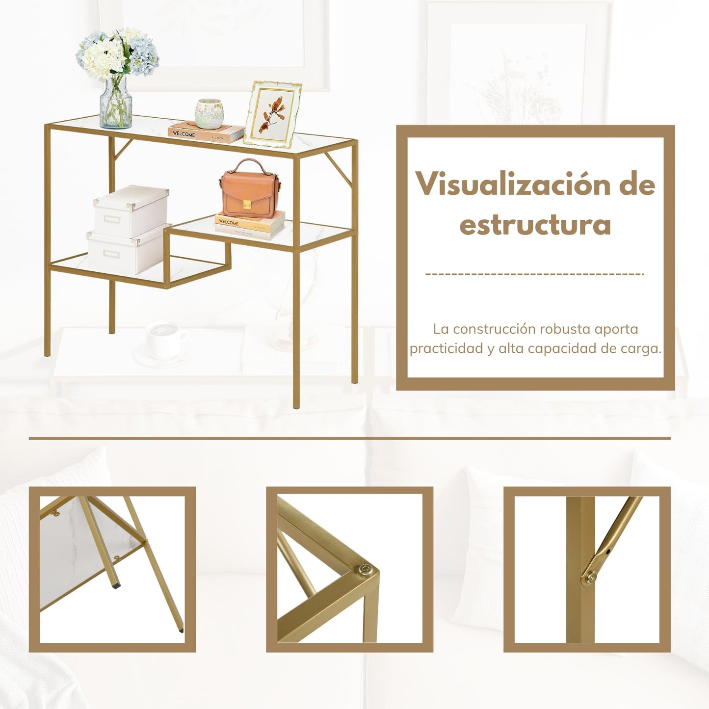 Mesa Consola Dorado 100 cm Mesa de Entrada Moderna 3 Niveles Darrison