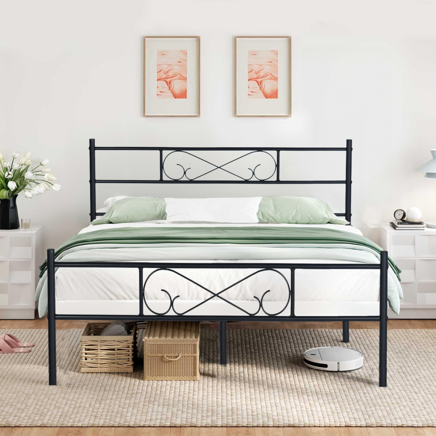 NUEVO Marco de Cama Queen Cama Matrimonial Base con Cabecero y Pie de Cama