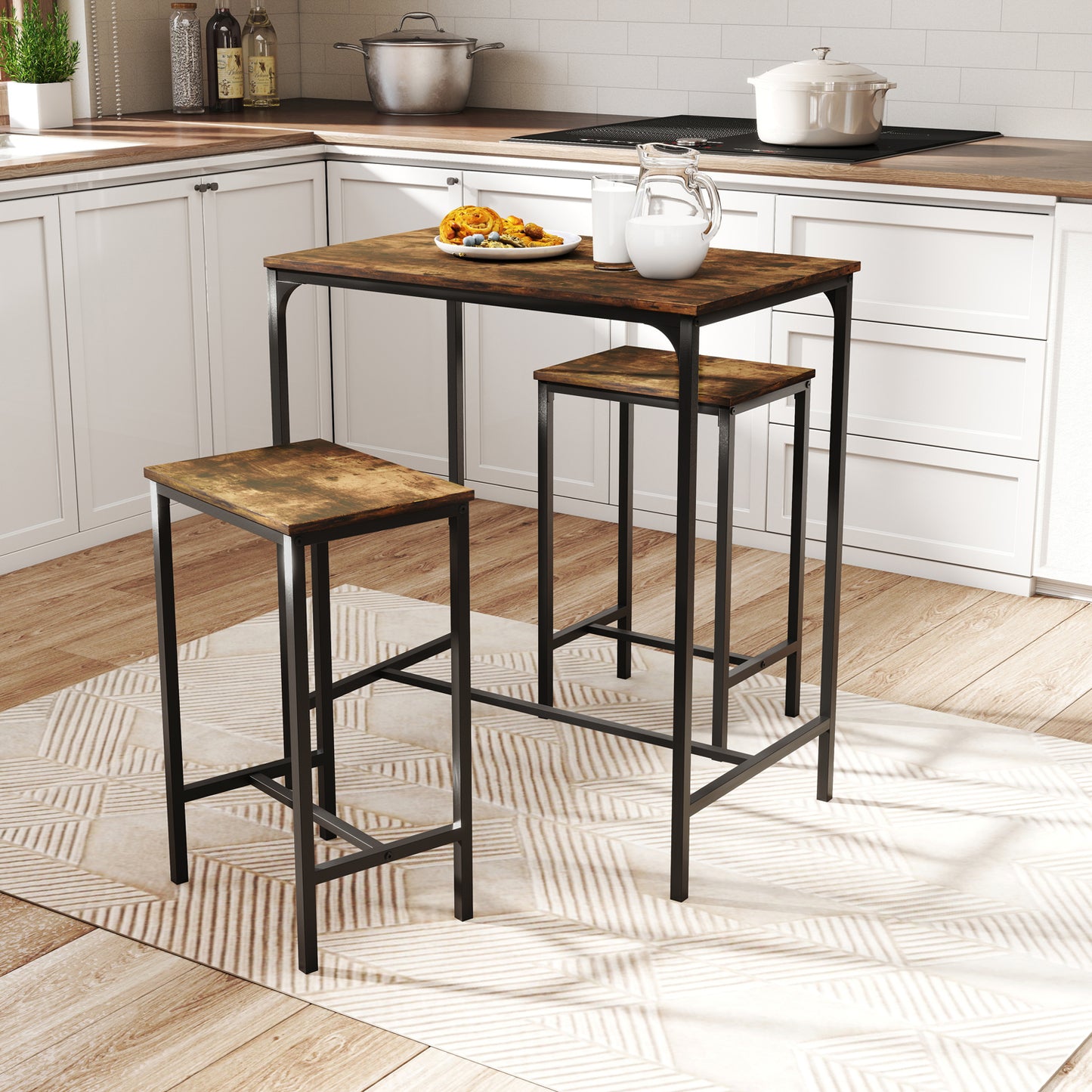 Nuevo Mesa de Bar con 2 Bancos Juego de 3 Mesas de Cocina con Metal Robusto  Vintage FAIRMAN