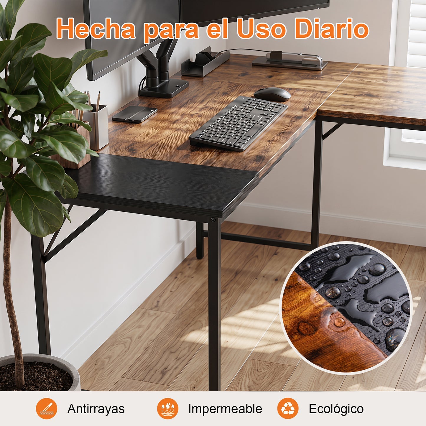 Escritorio Esquinero en L con Repisas de Almacenaje Cafe