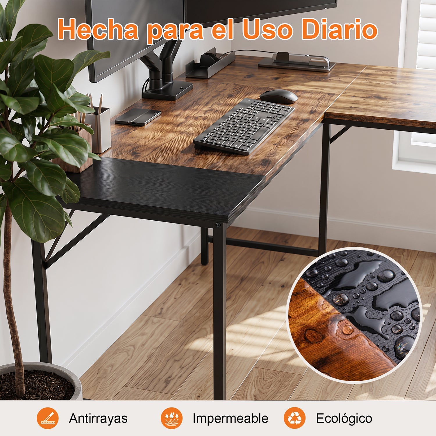Escritorio Esquinero en L con Repisas de Almacenaje Cafe