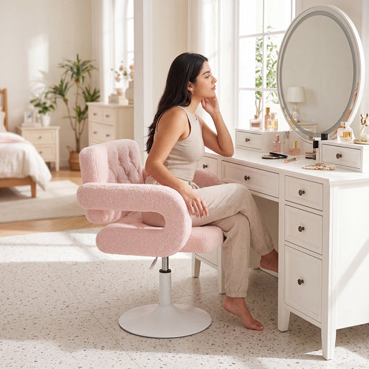 Silla Giratoria Ajustable con Brazos y Base Redonda Rosa